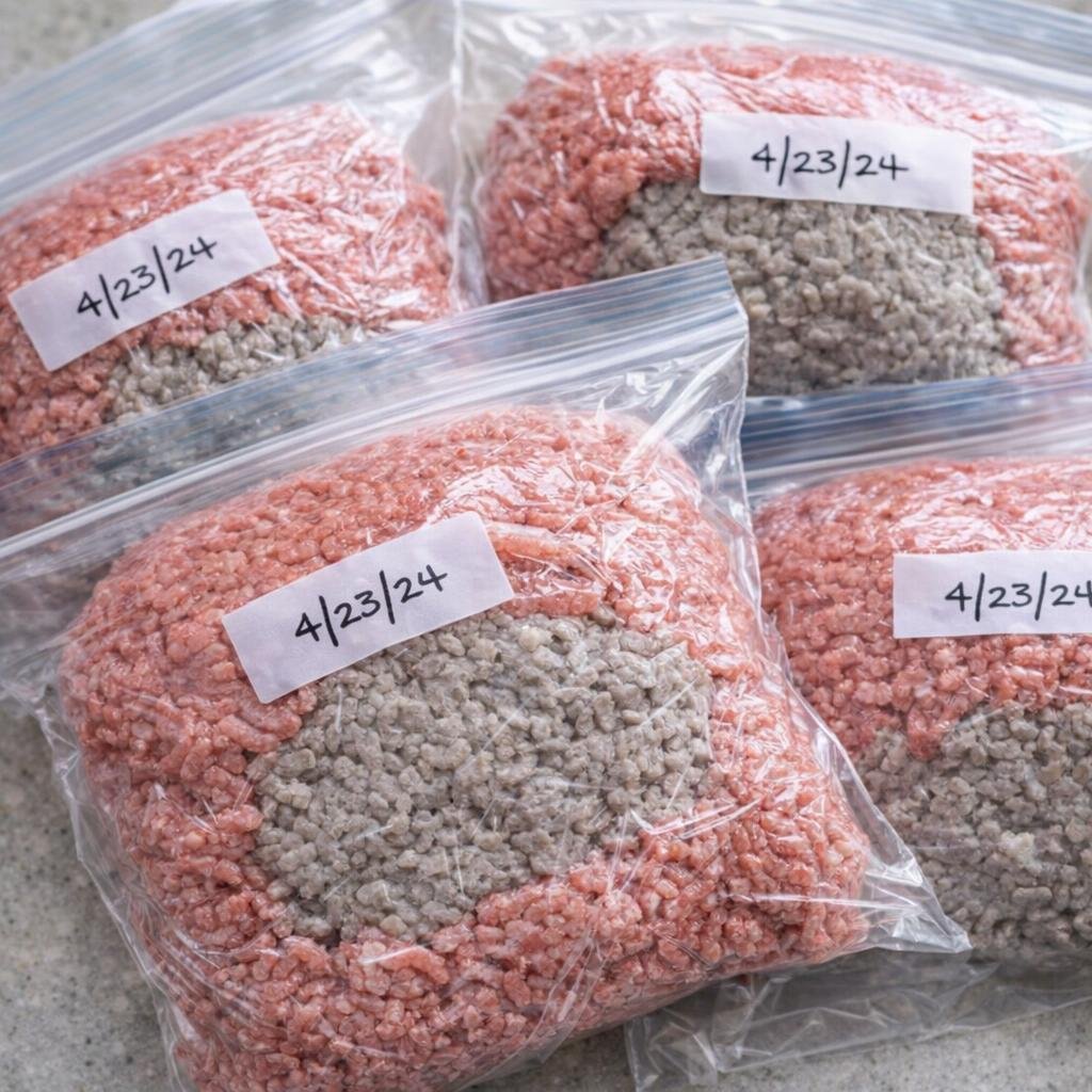 Portioned ground beef wrapped for freezing on a kitchen work surface