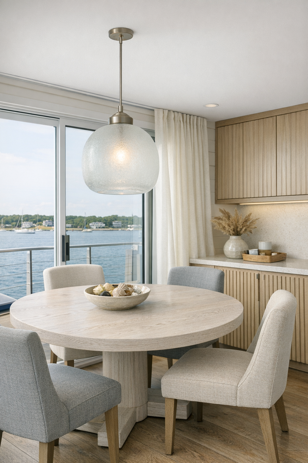 Coastal dining area with round table and warm pendant lighting
