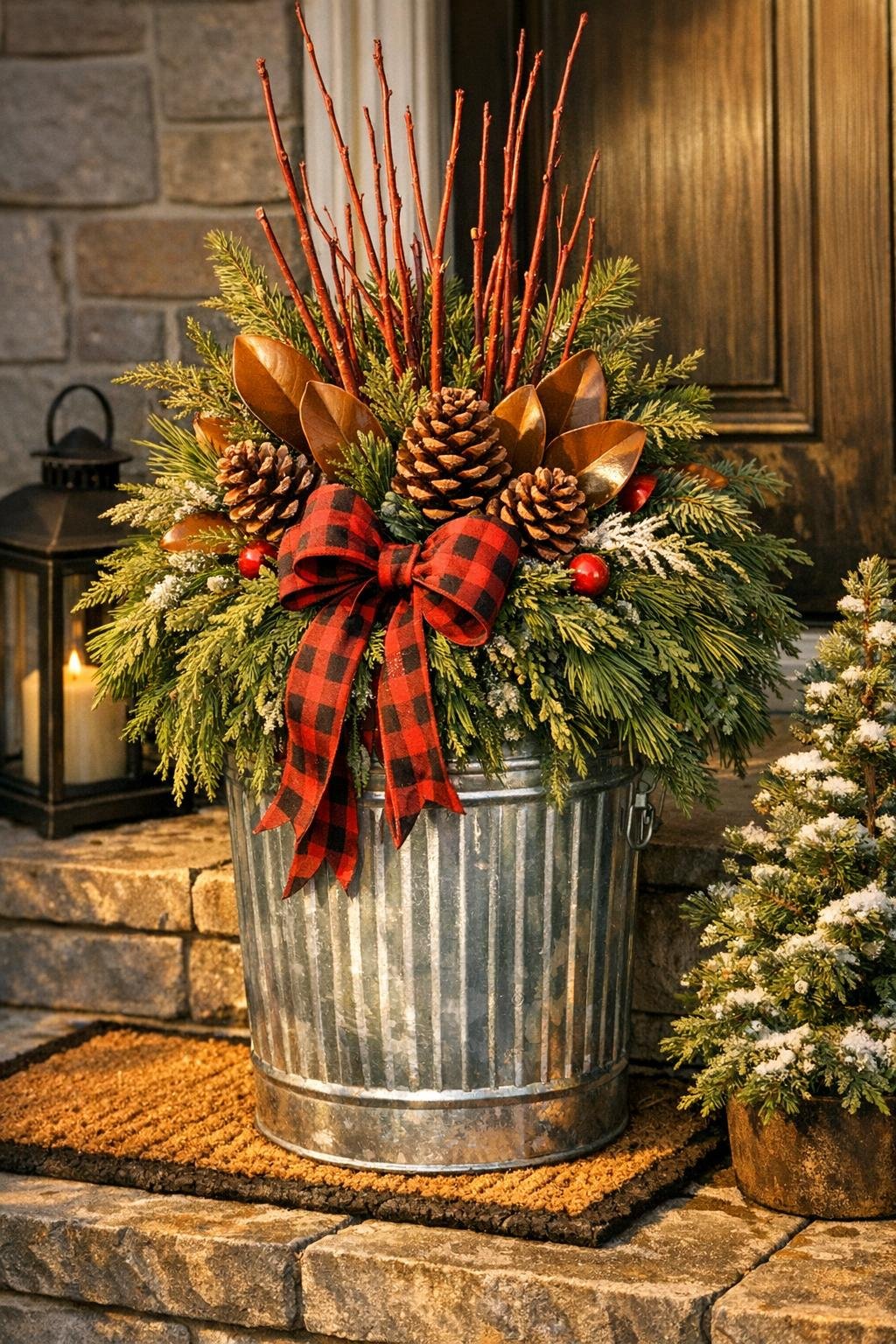 Finished self-wicking winter planter made from a galvanized trash can on a front porch