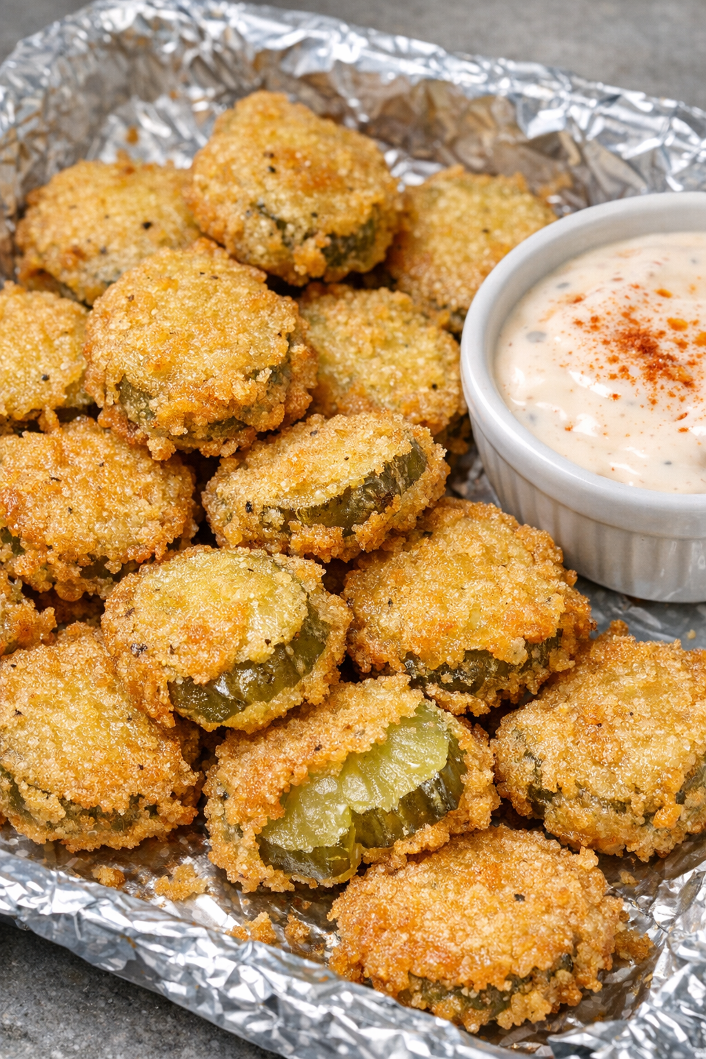 Southern 4-ingredient fried pickles on a foil-lined tray with dipping sauce