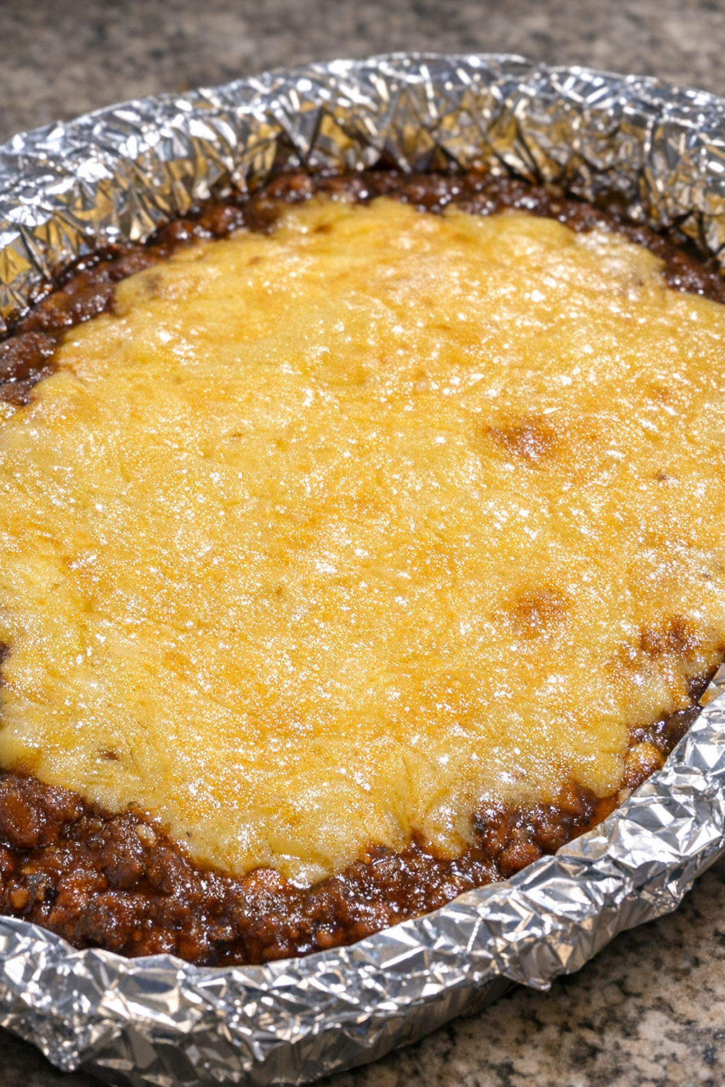 Close-up of 3-ingredient chili cheese dip in a foil-lined platter