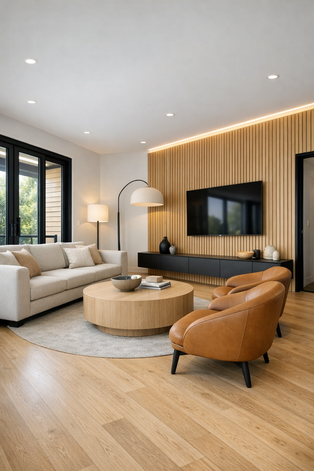 Accessible contemporary living room with pale oak floors and soft neutral seating