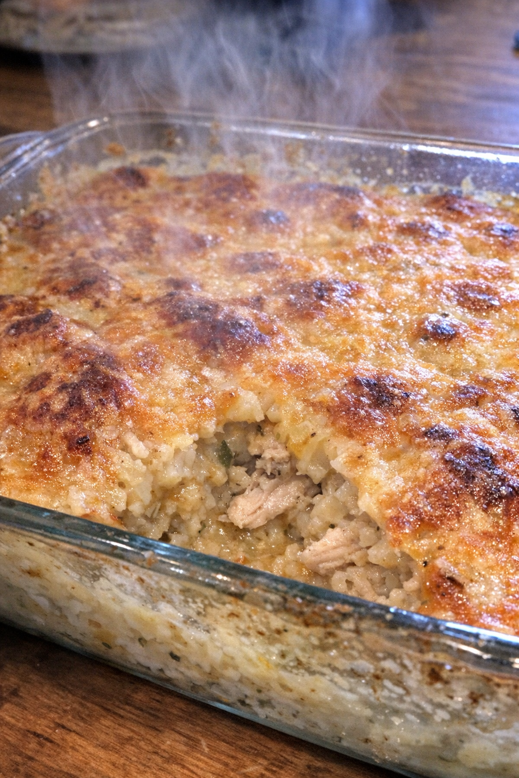 Gelatinous bubbling casserole in a glass dish