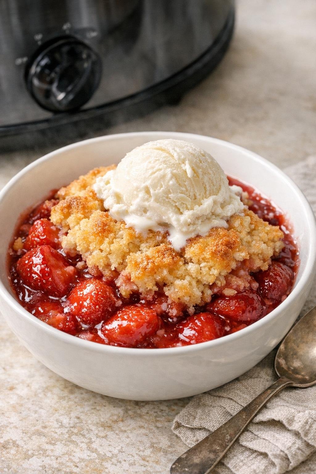 Finished slow cooker strawberry cobbler in a bowl