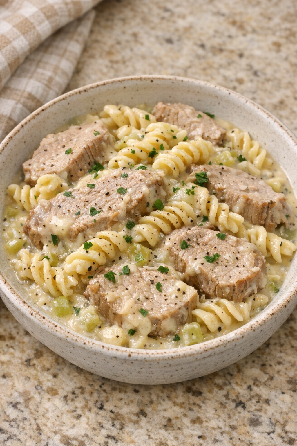 Finished creamy pork pasta plated in a rustic bowl