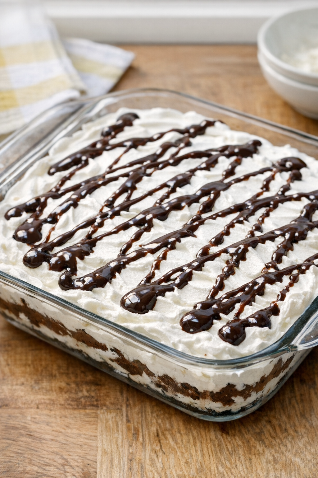 Whipped topping spread over first layer with chocolate syrup