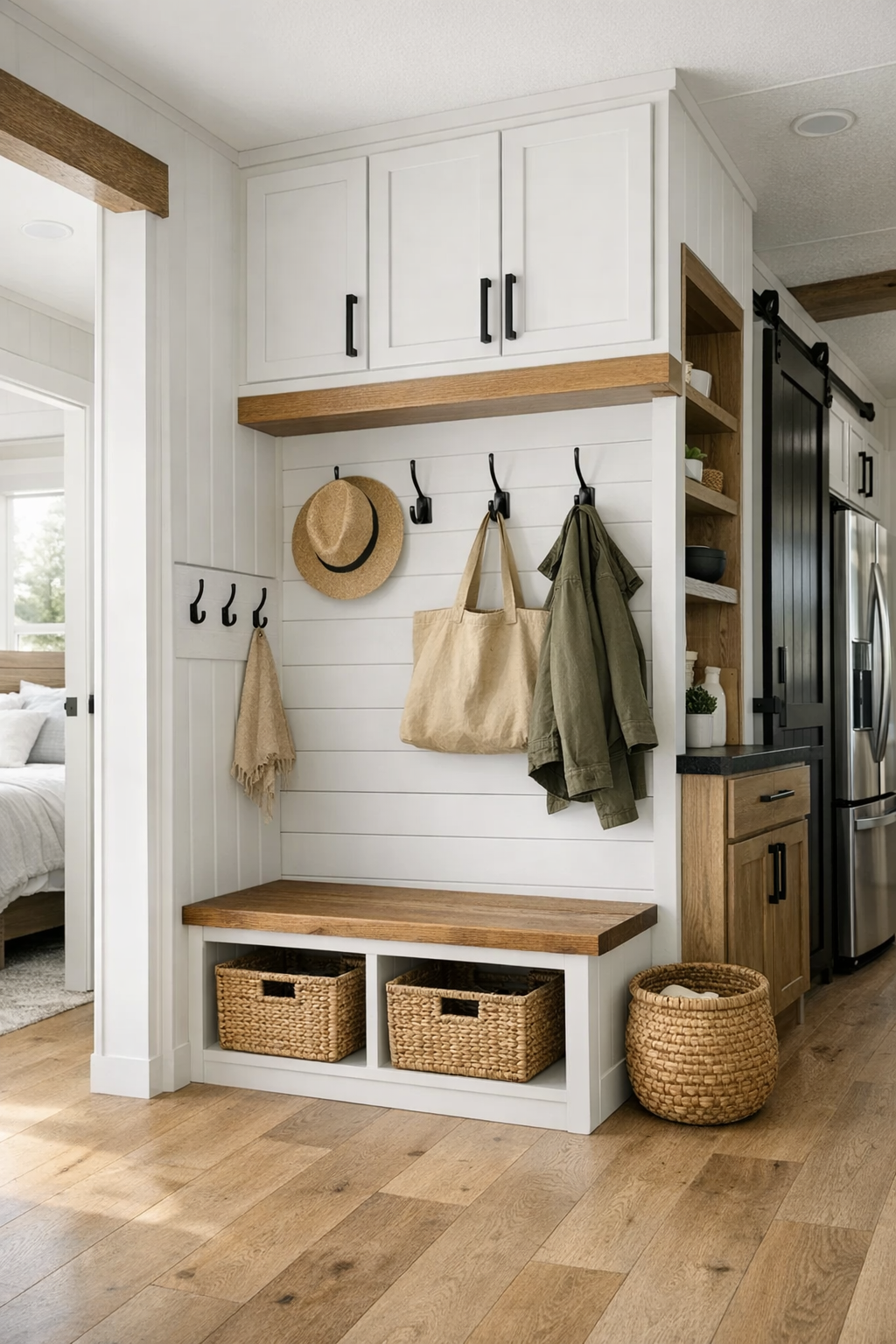Smart transitional area with built-in storage, wood details, and a clean farmhouse look