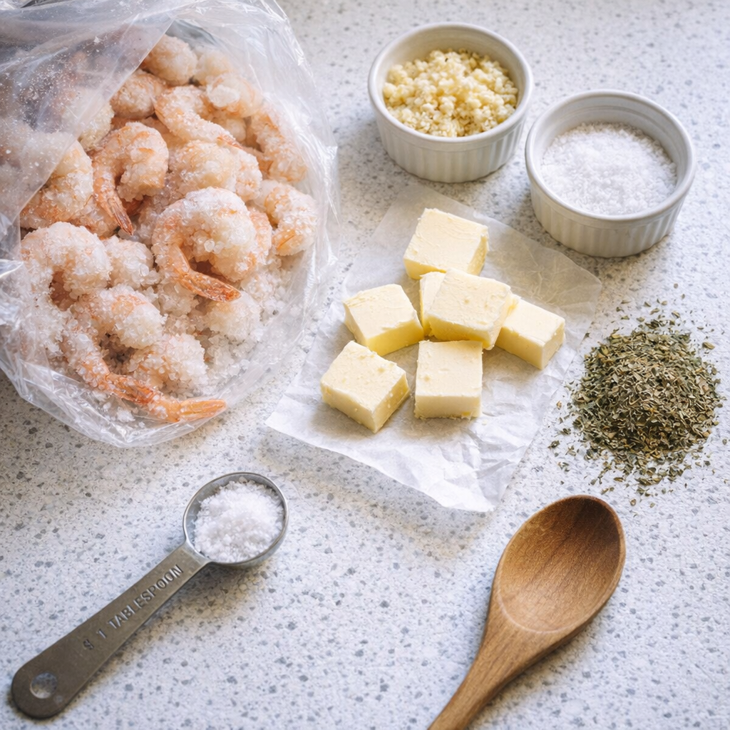 Frozen shrimp and butter ingredients arranged on a kitchen counter