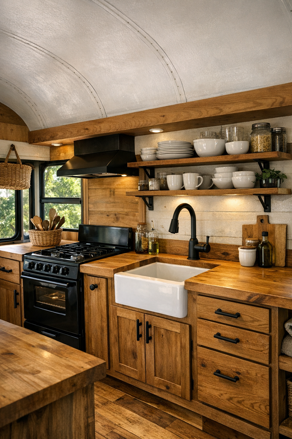 Compact rustic bus kitchen with butcher block counters and custom wood cabinets