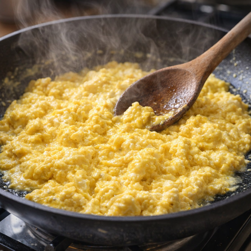 Soft scrambled eggs cooking in a skillet with a wooden spoon