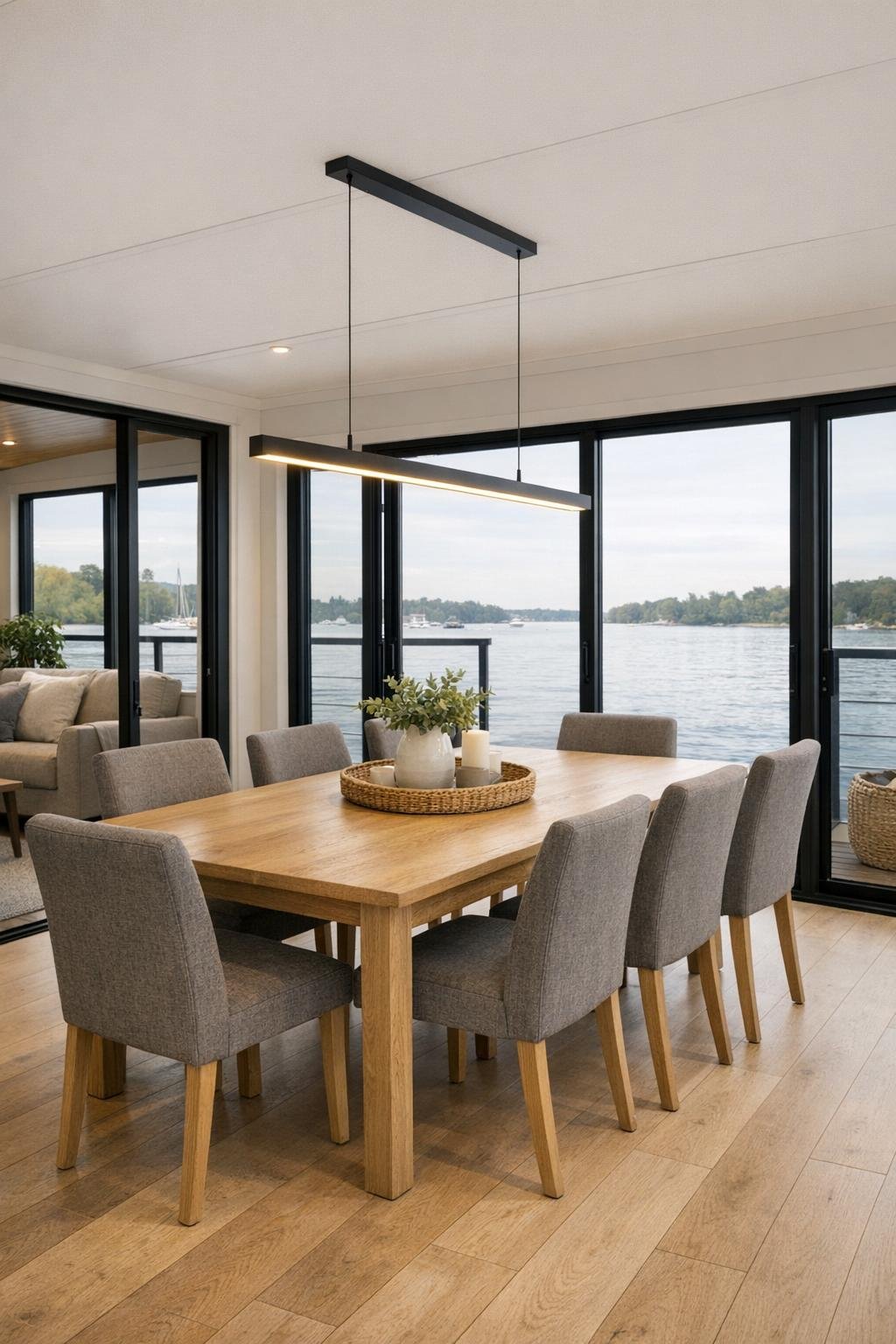Open-plan houseboat dining room with oak table and water views