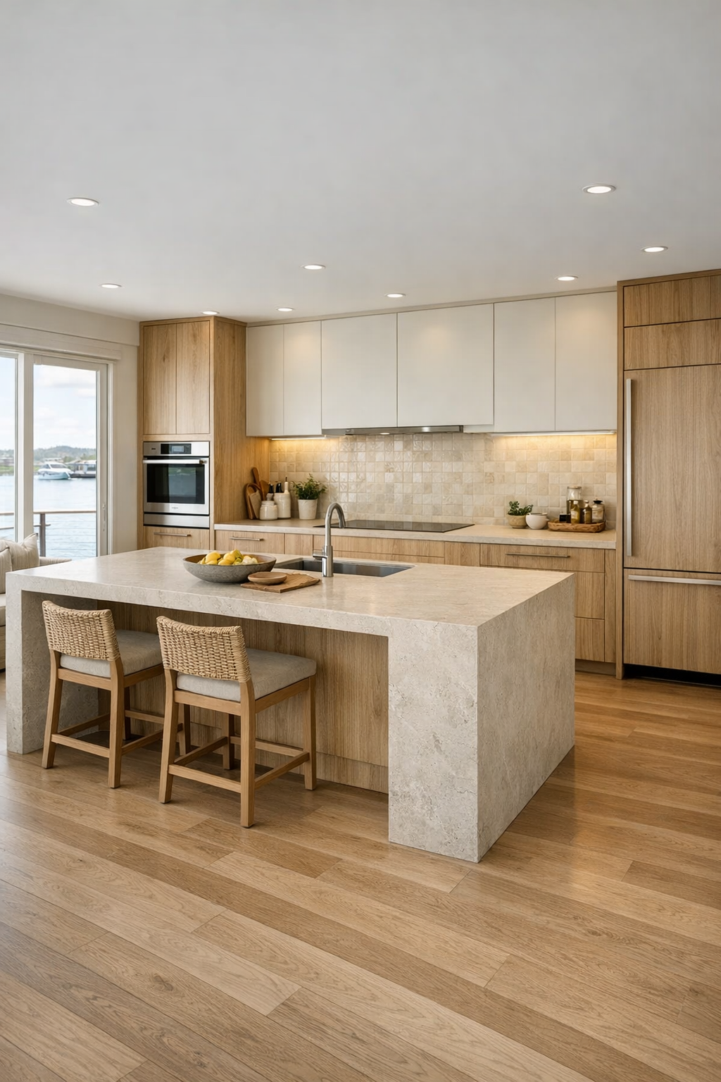 Elegant barrier-free Mediterranean kitchen with limestone island and zellige backsplash