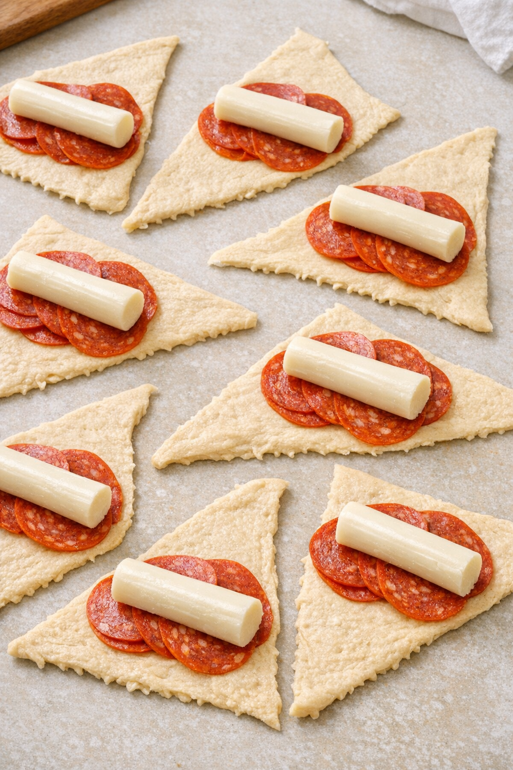 Crescent triangles topped with pepperoni and mozzarella
