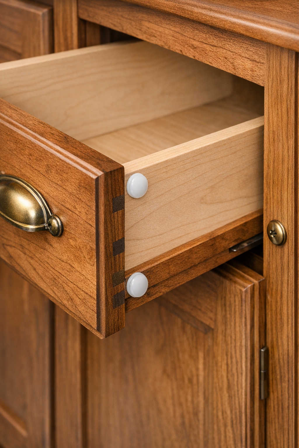 Finished drawer with hidden homemade plastic glide pads installed