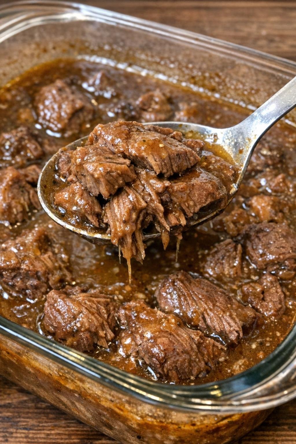 Tender beef in brown gravy in a glass casserole dish