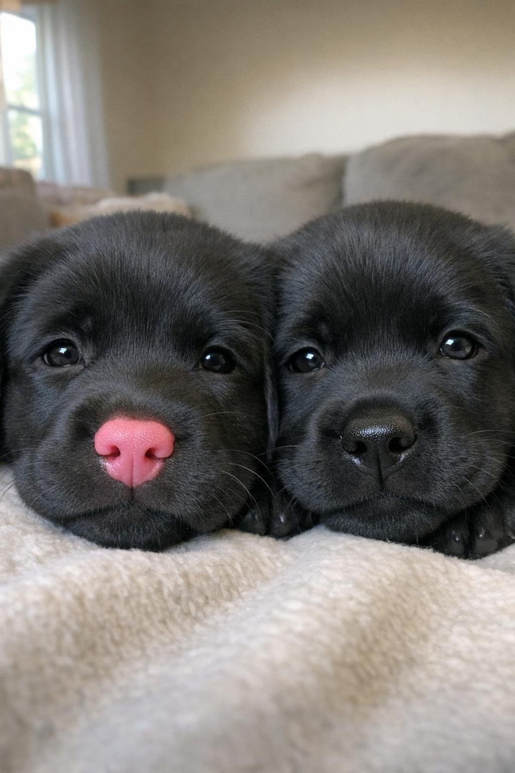 Black Labrador puppy with a bright pink nose beside a littermate with a black nose