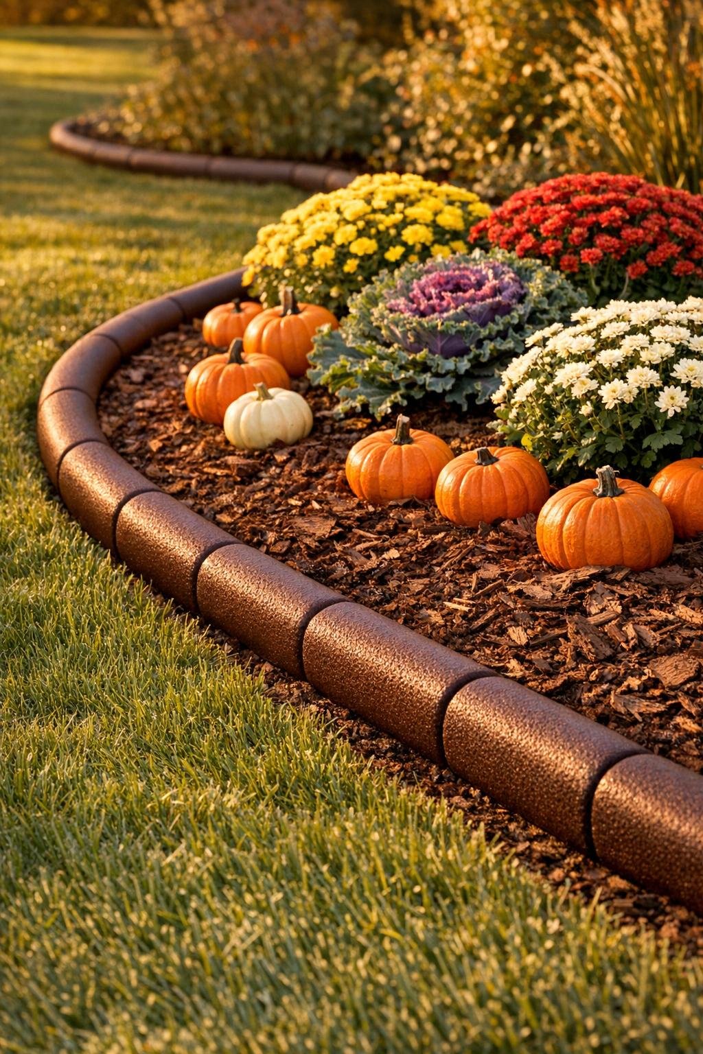 Finished mulch-retaining garden bed edging made from pool noodles