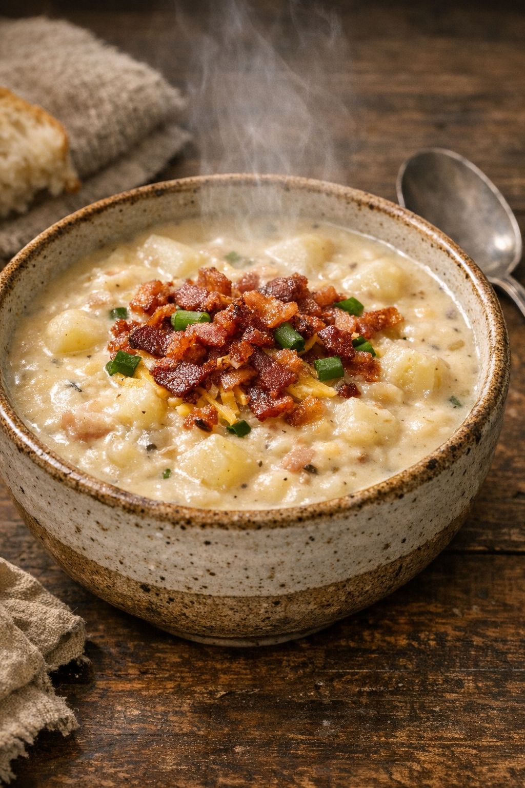 Finished creamy loaded potato soup plated in a rustic bowl