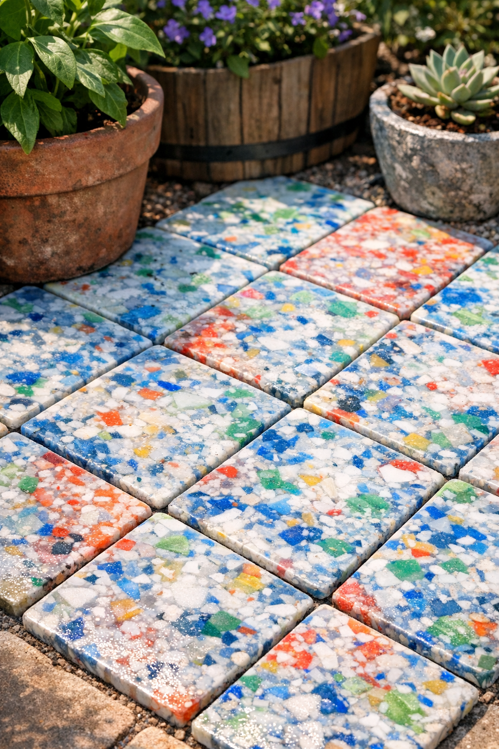 Finished heavy-duty patio tiles made from melted plastic cutting boards