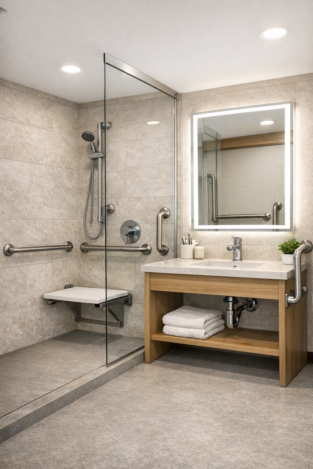 Accessible RV bathroom with curbless shower and soft stone finishes