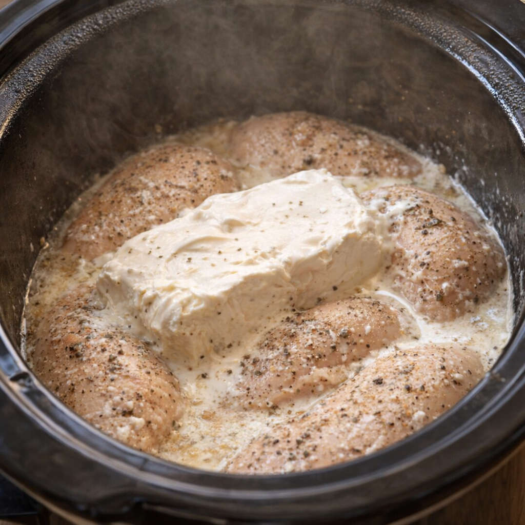 Creamy ranch chicken cooking in the slow cooker