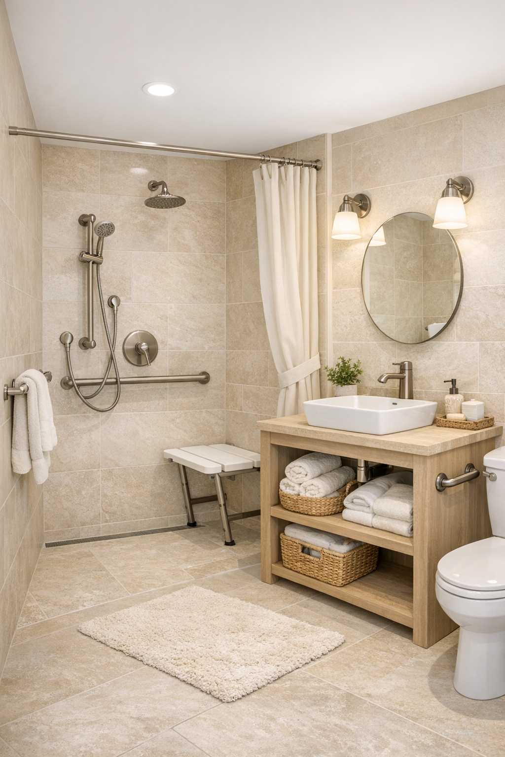 Accessible tiny home bathroom with curbless shower and warm ivory tile