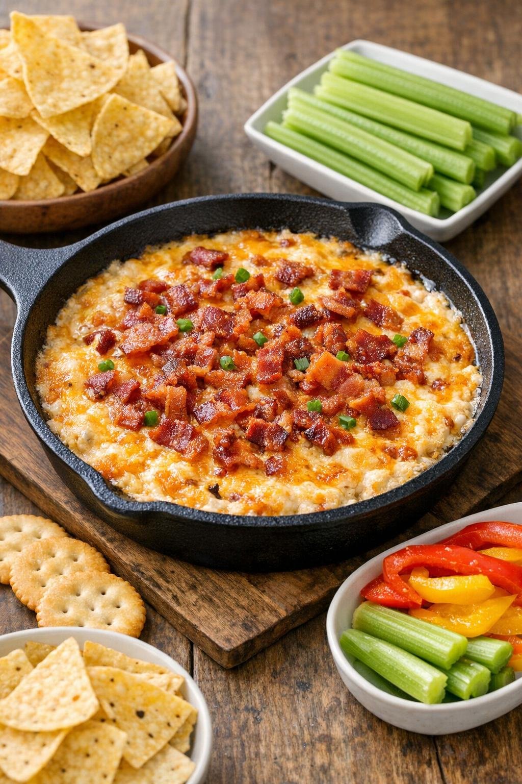 Final plated bacon cheddar dip with crackers and vegetables