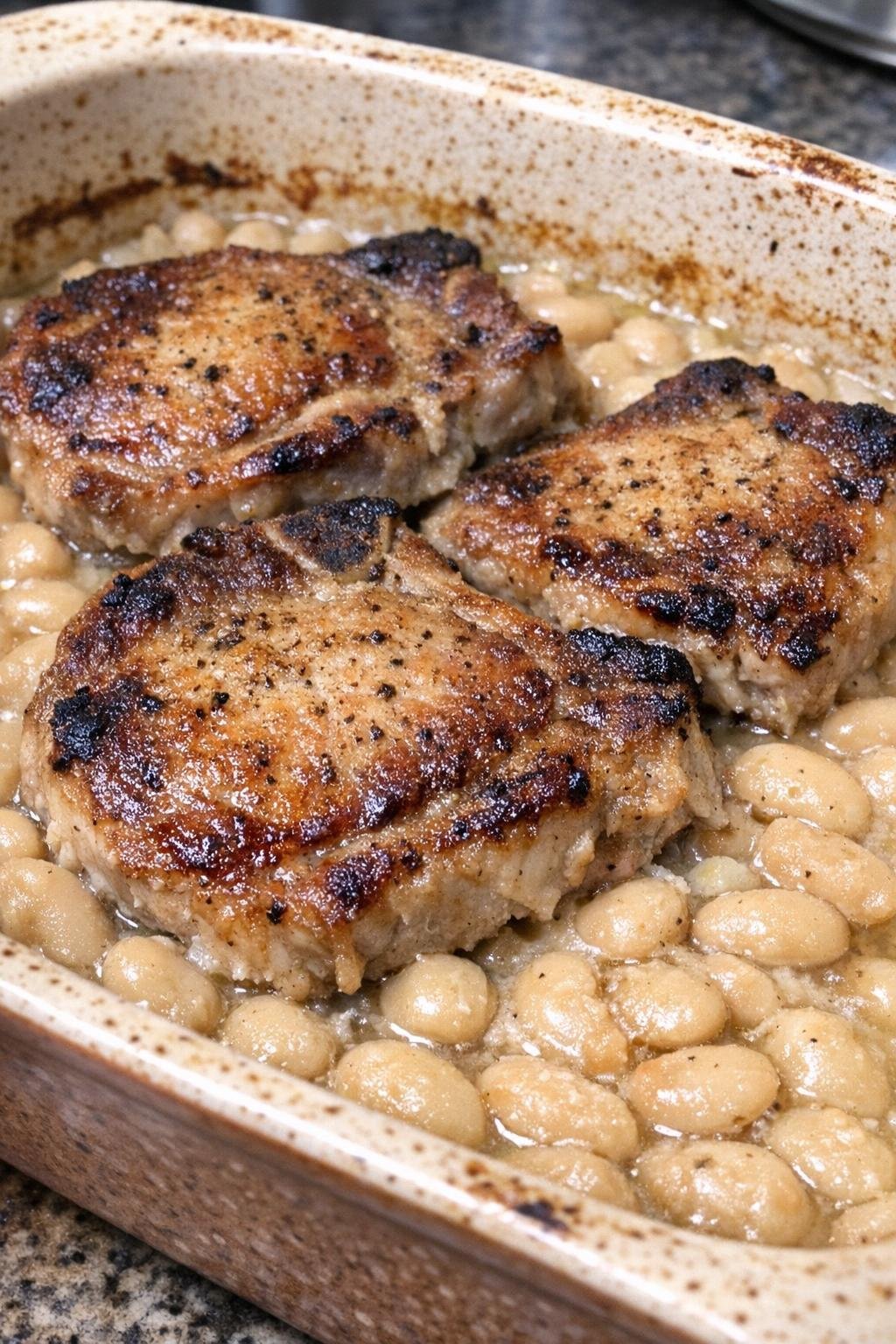 Golden browned pork chops over creamy butter beans in a casserole dish
