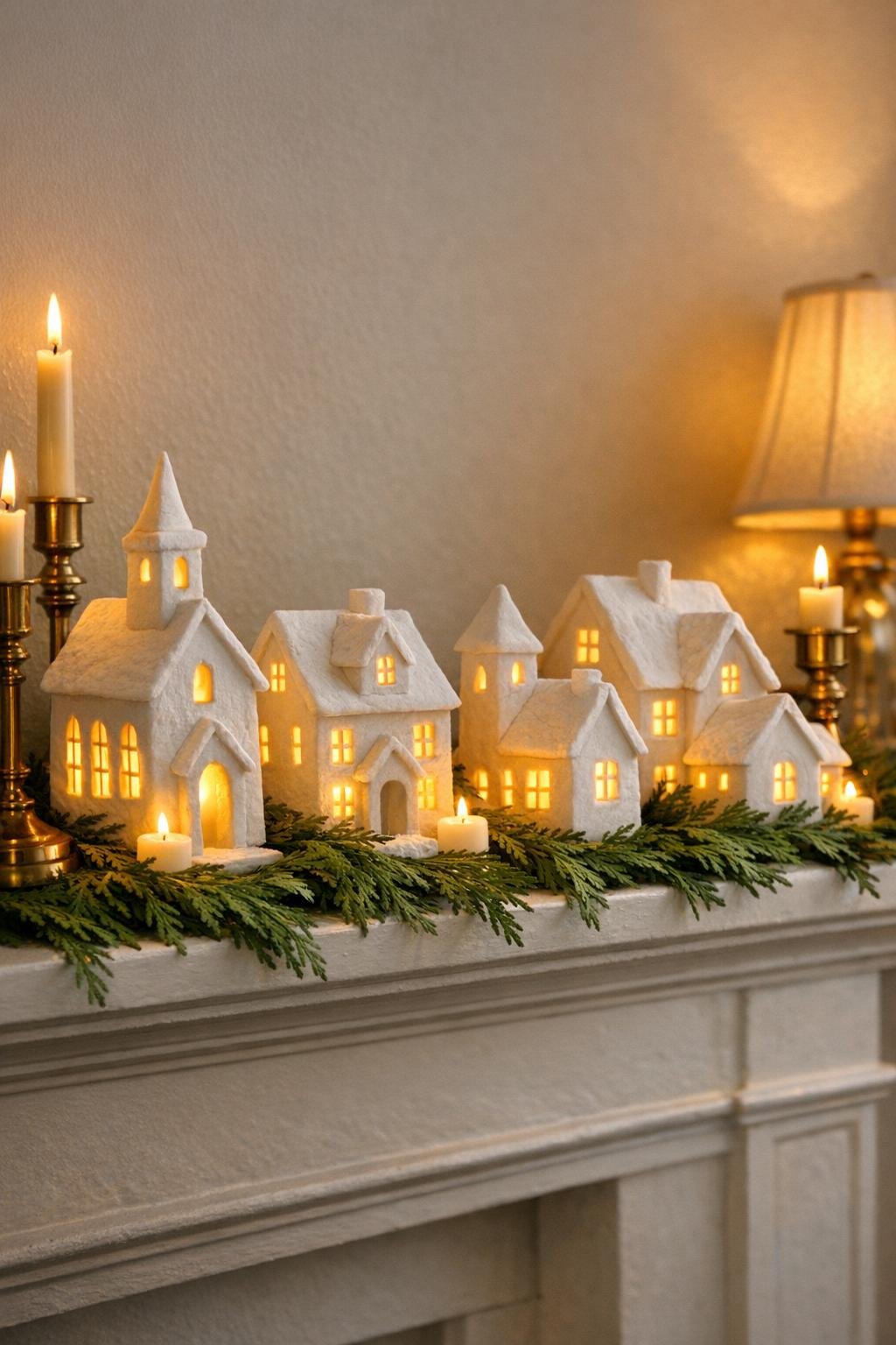 Finished glowing porcelain-style Christmas village displayed on a mantel