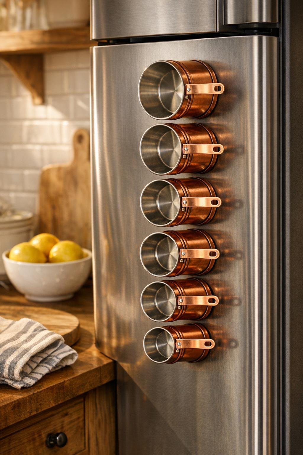 Finished magnetic measuring cup holder made from copper spice canisters on the refrigerator