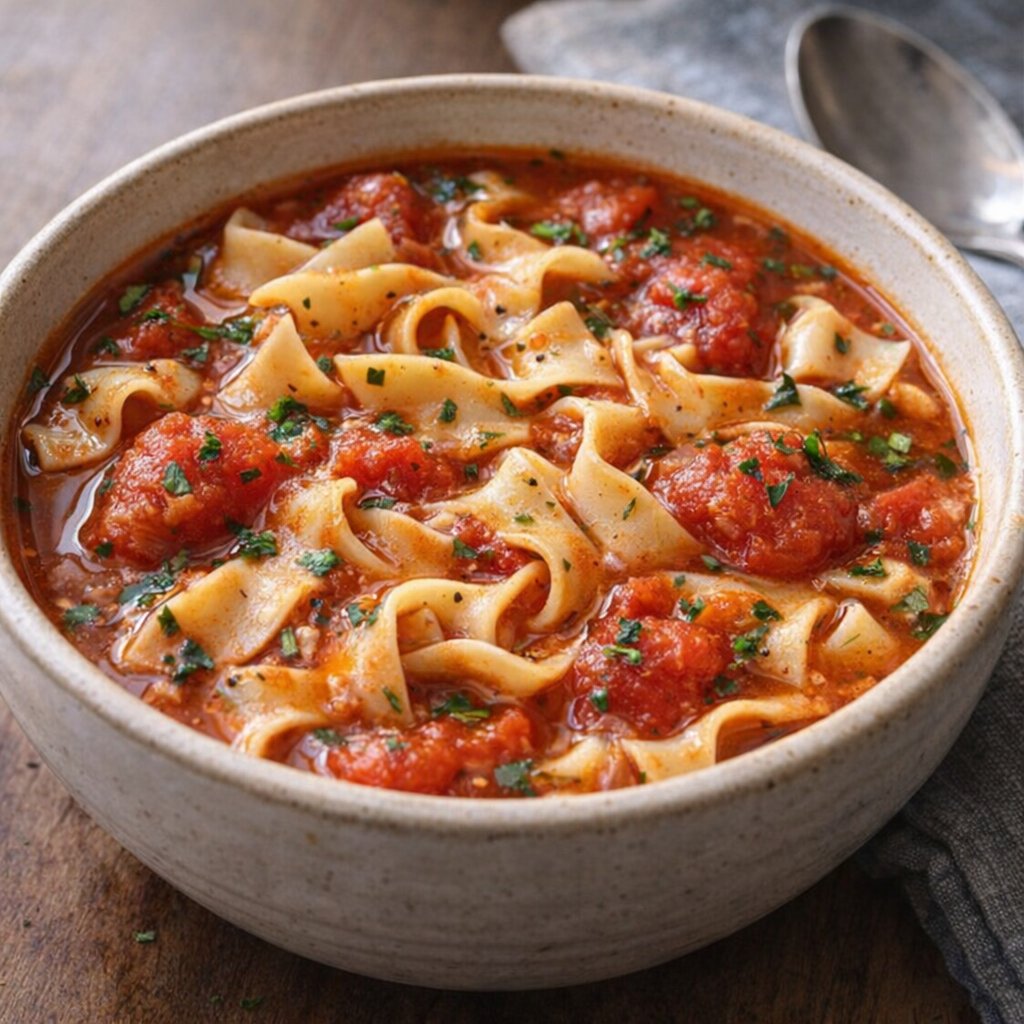 Bowl of tomato noodle soup with herbs on top
