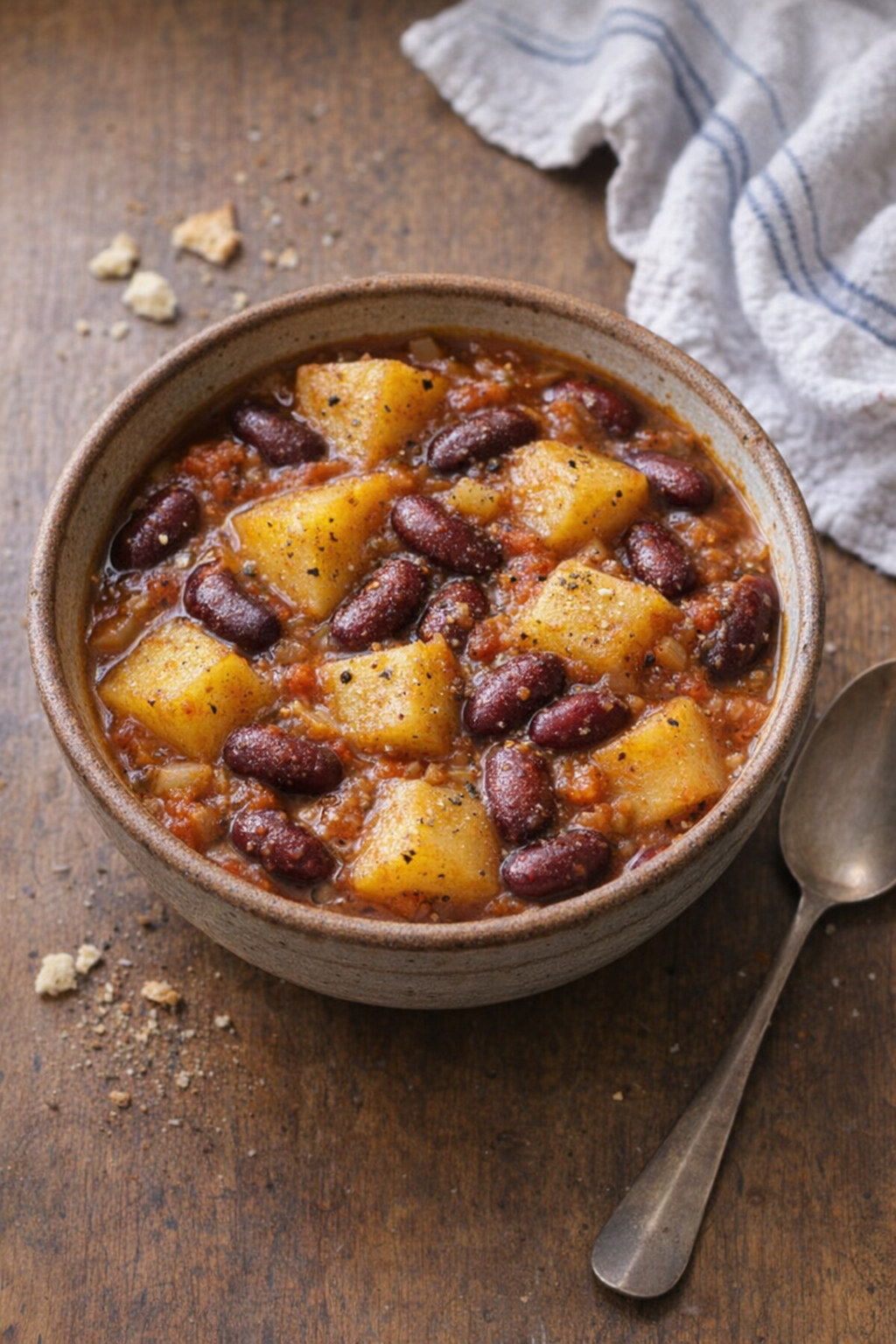 Stoofpot van aardappelen en kidneybonen uit de slowcooker in een rustieke kom