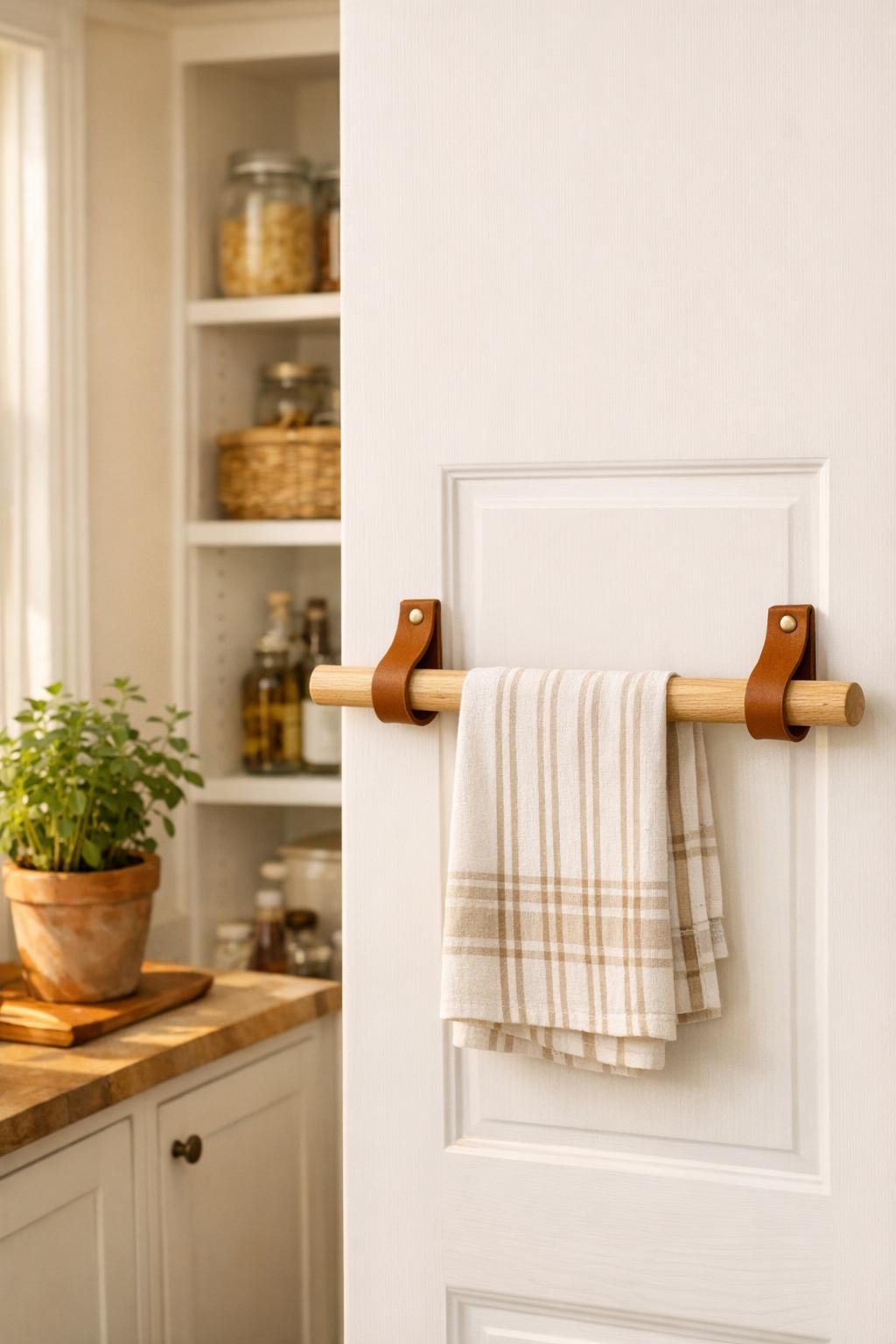 Finished pantry door kitchen towel bar made from a wooden dowel and leather cabinet handles