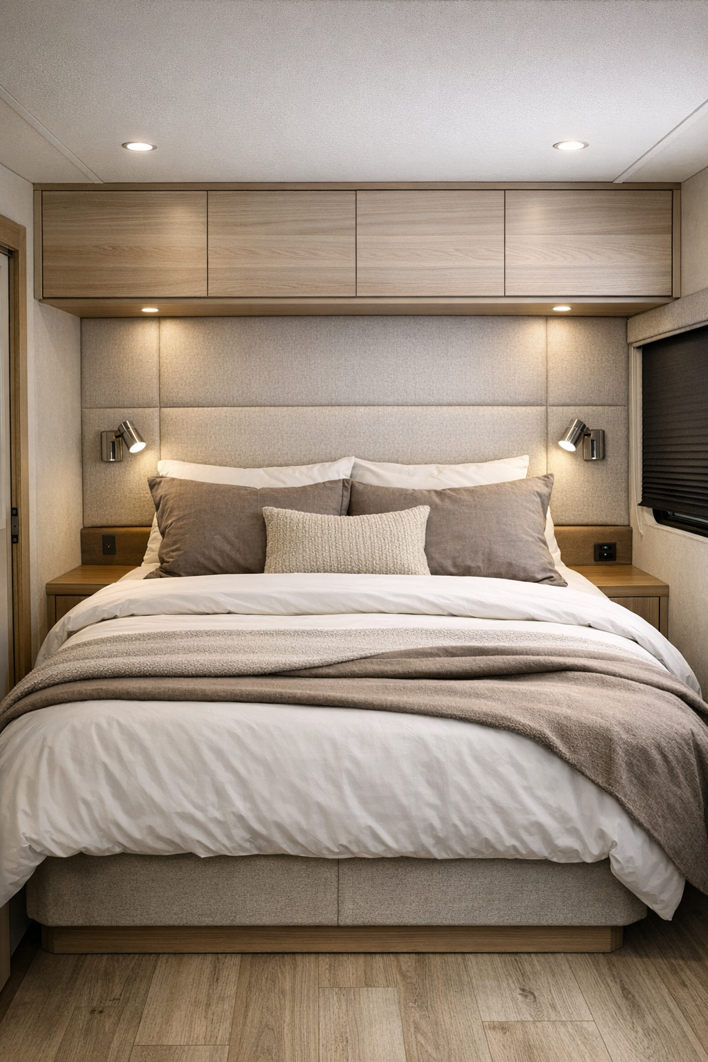 Serene RV bedroom with layered neutral bedding, integrated lighting, and streamlined storage