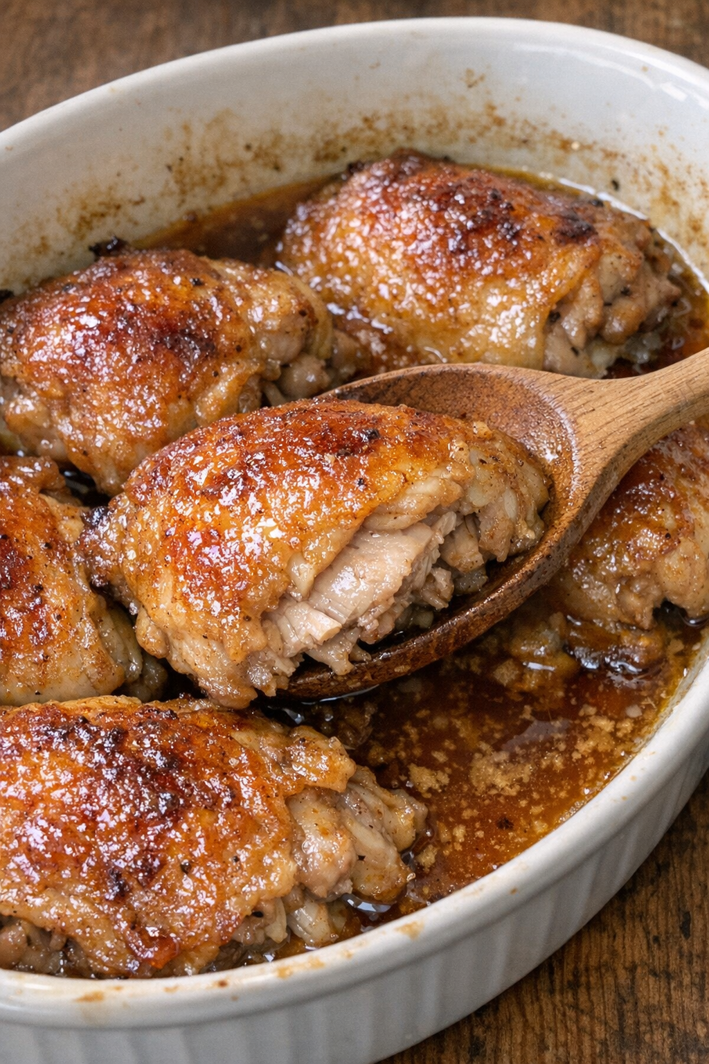 Golden brown chicken pieces in amber glaze in a white baking dish