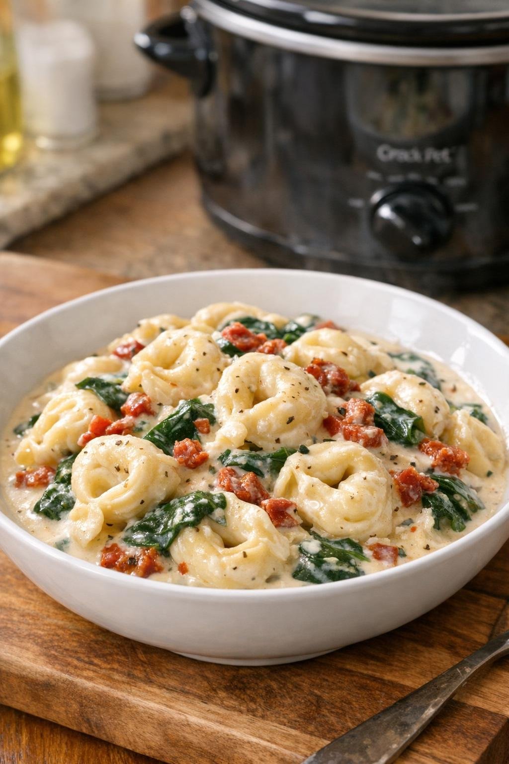 Creamy Tuscan tortellini served in a bowl