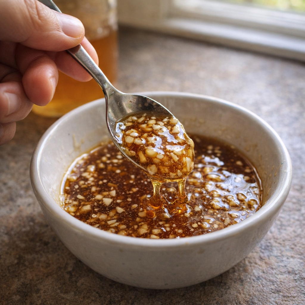 Honey and garlic being mixed in a small bowl