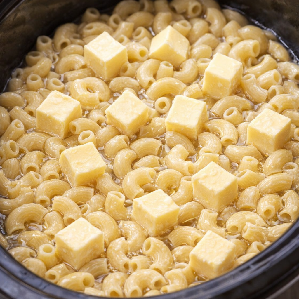 Butter chunks scattered over macaroni in the slow cooker