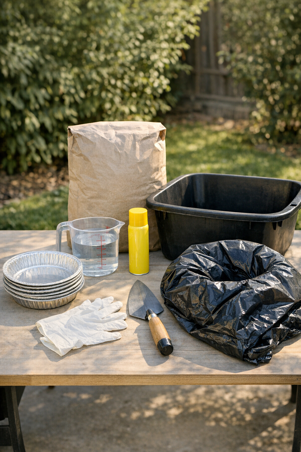 Materials for making fluted cement yard slabs laid out on a work surface