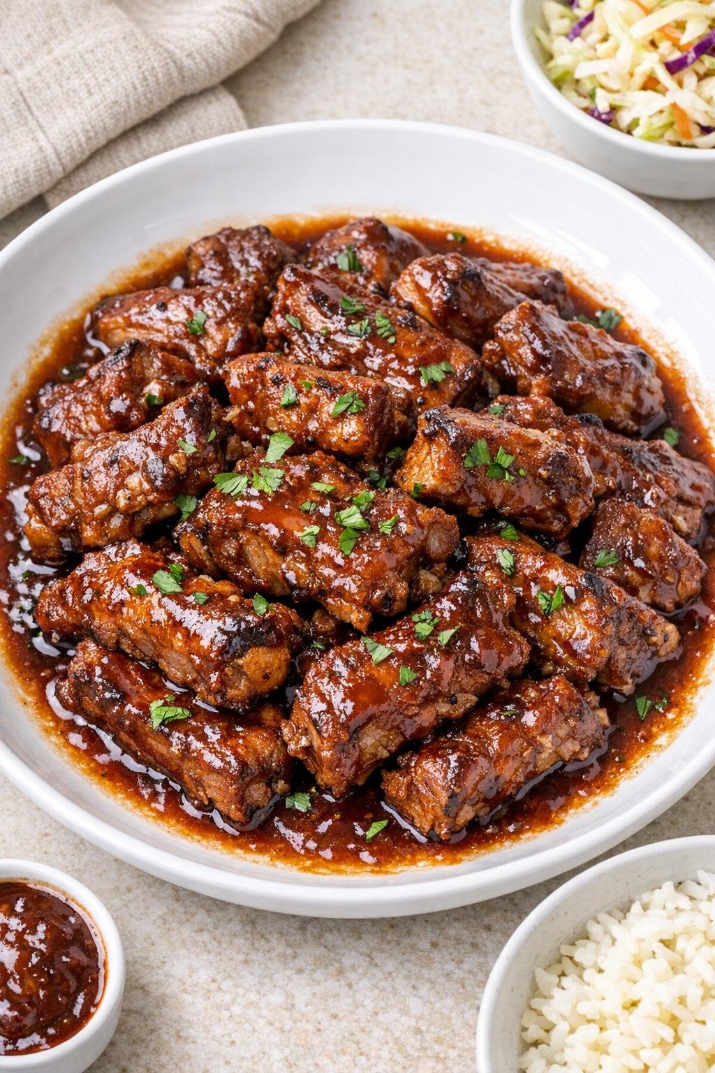 Finished slow cooker pork rib tips plated with sauce