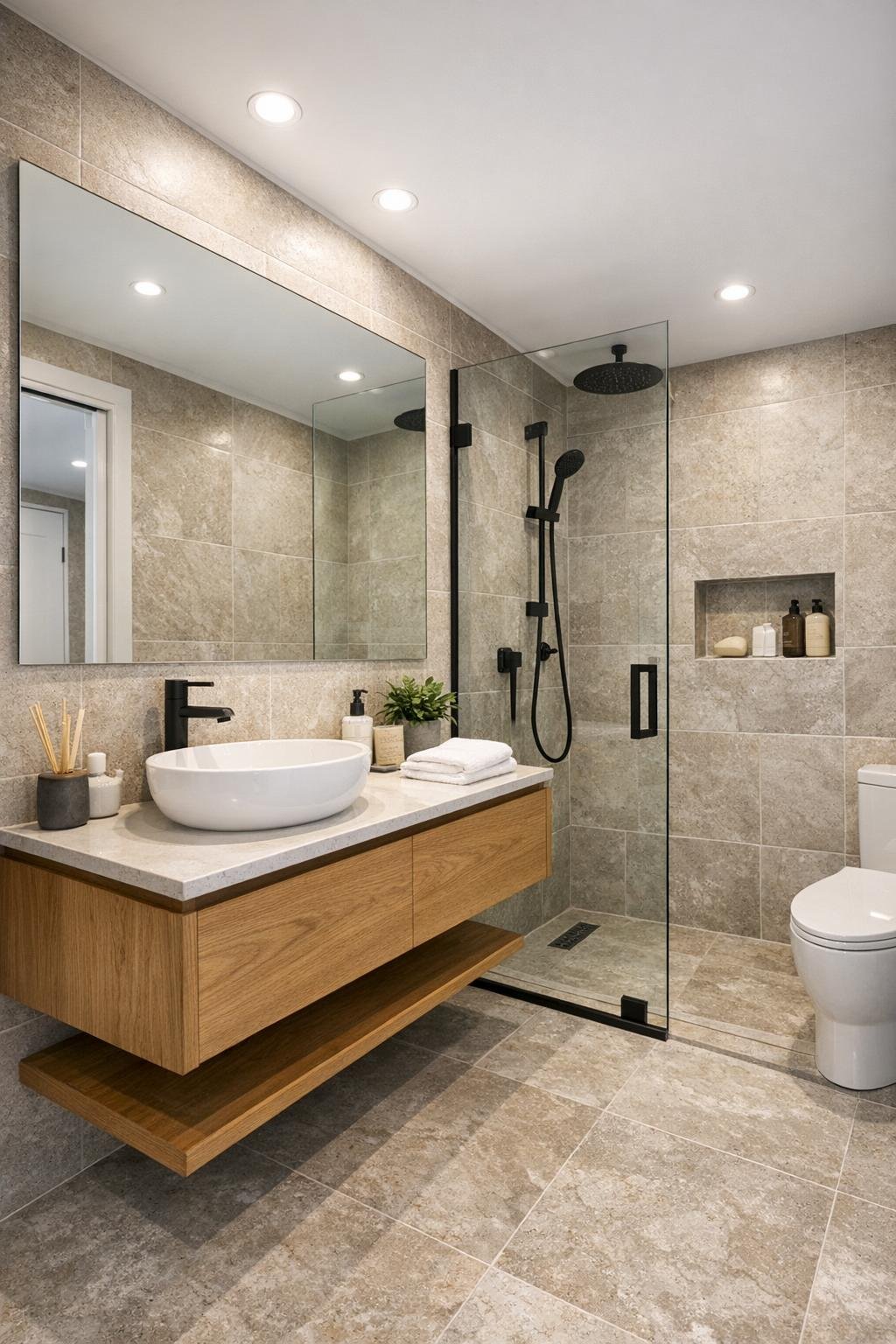 Modern bathroom with floating wood vanity and glass shower in a container home