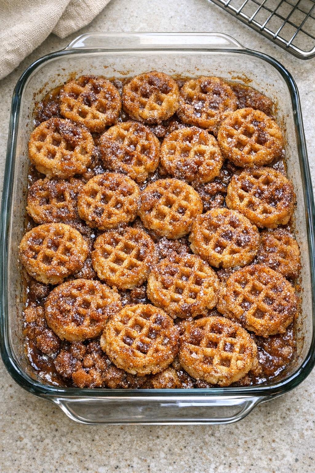 Baked mini waffle dessert in a glass dish