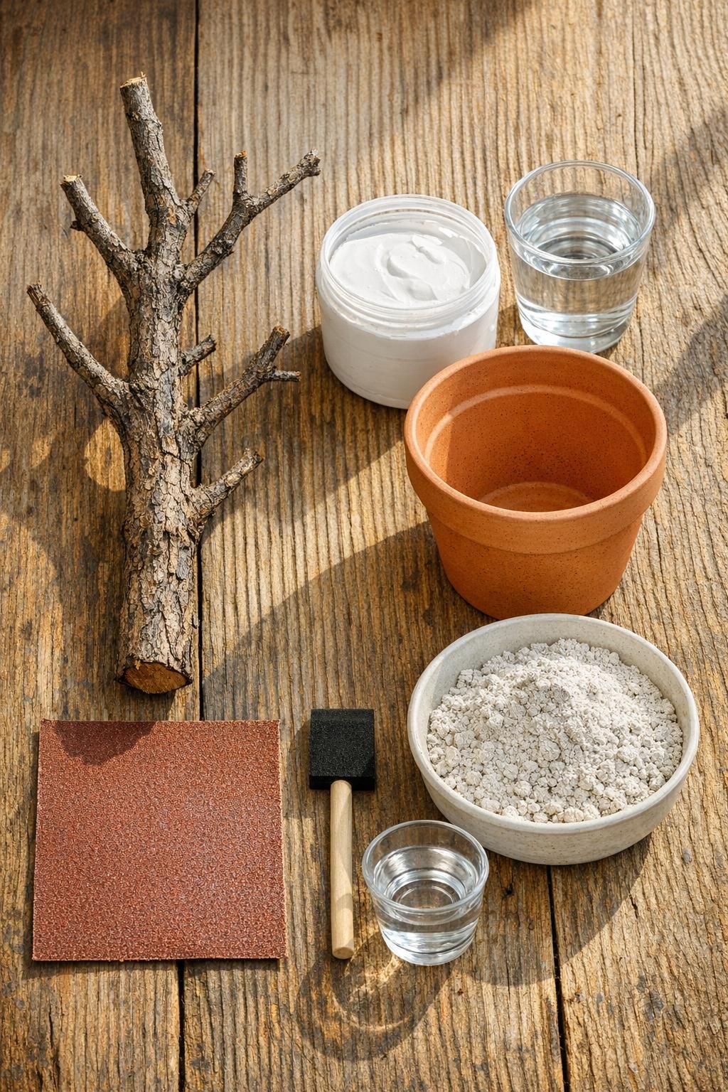 Materials for making a rustic jewelry tree laid out on a table