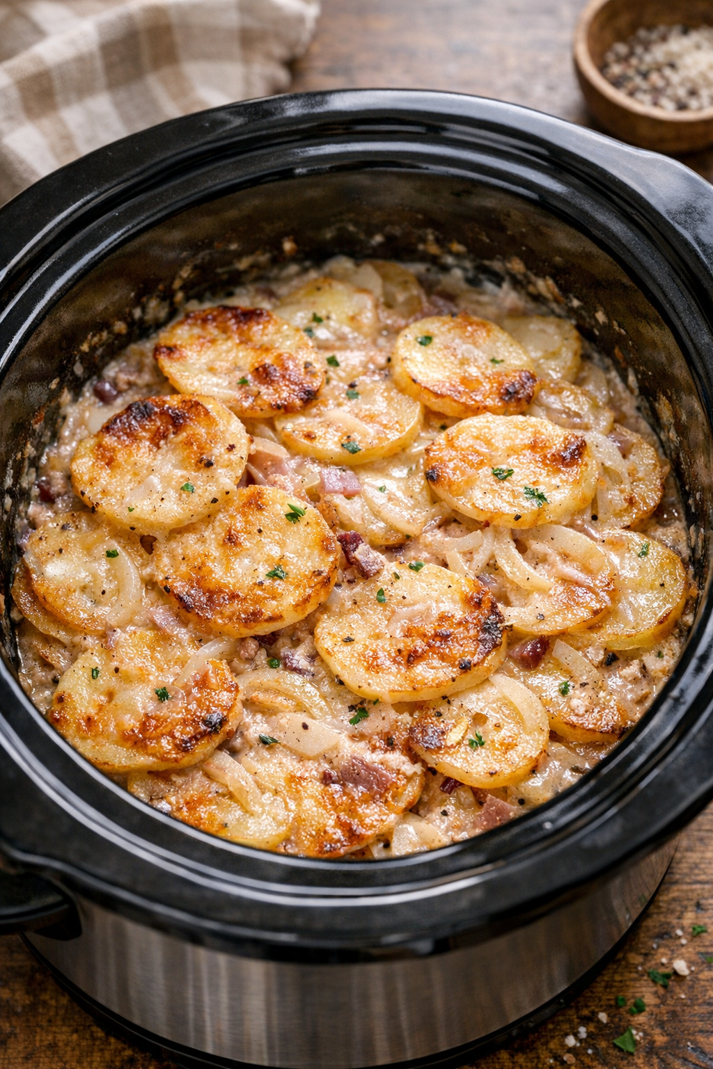 Creamy cooked scalloped potatoes in the slow cooker