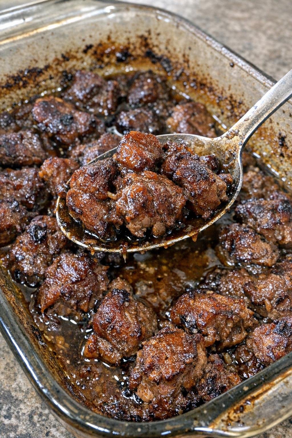 Warm savory beef bites in a glass baking dish