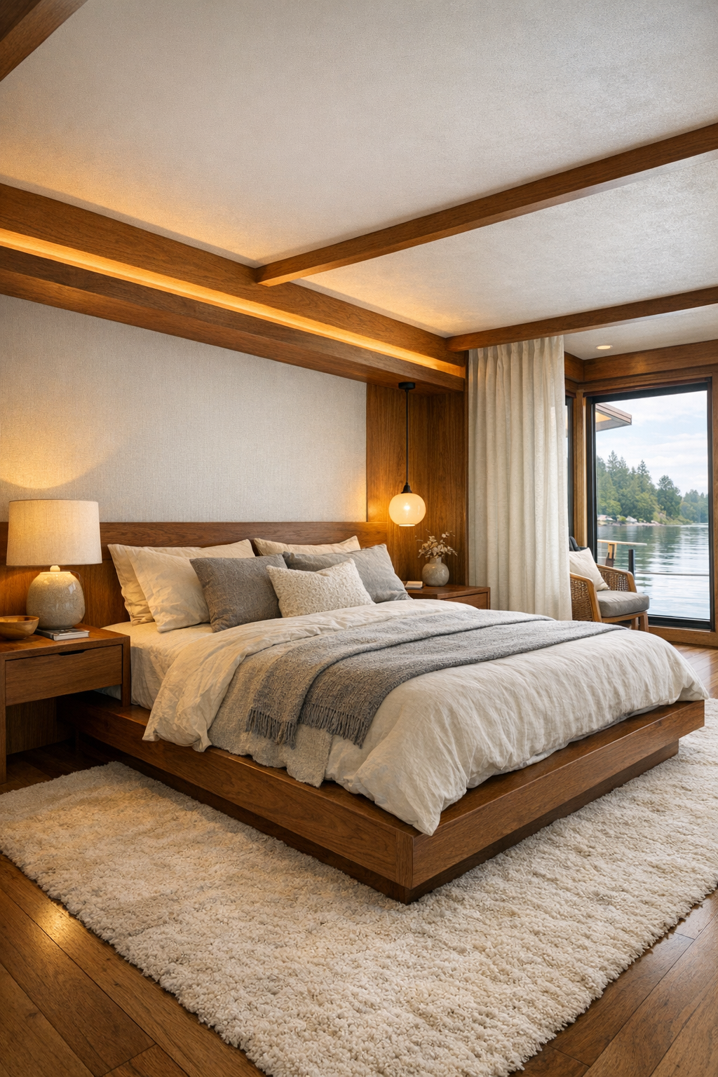 Serene mid-century bedroom with walnut platform bed and linen drapery