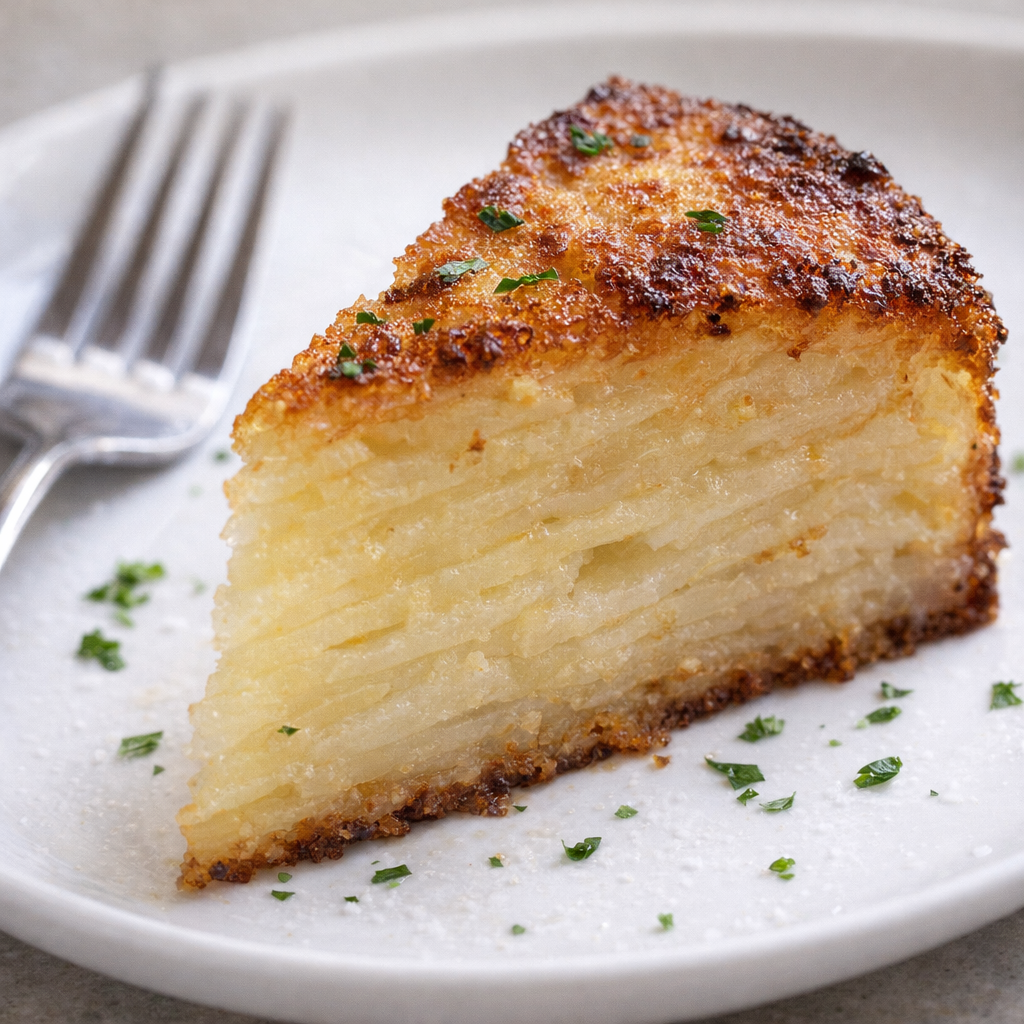 Slice of potato ring showing layered interior