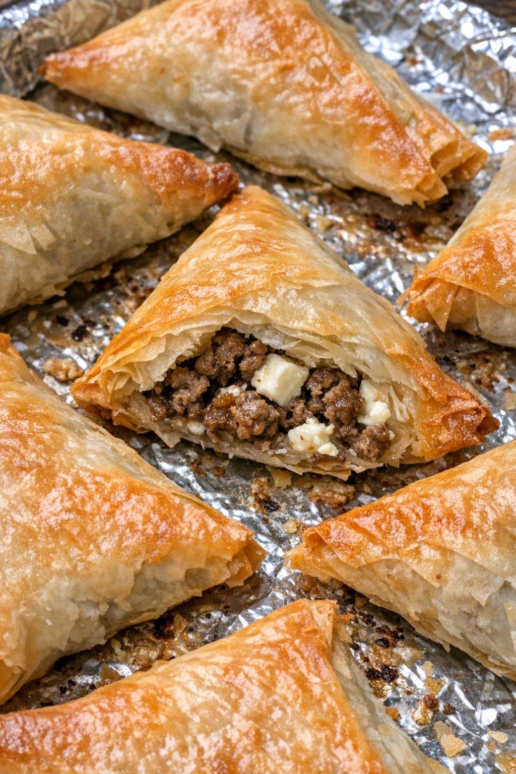 Golden beef and feta phyllo triangles fresh from the oven