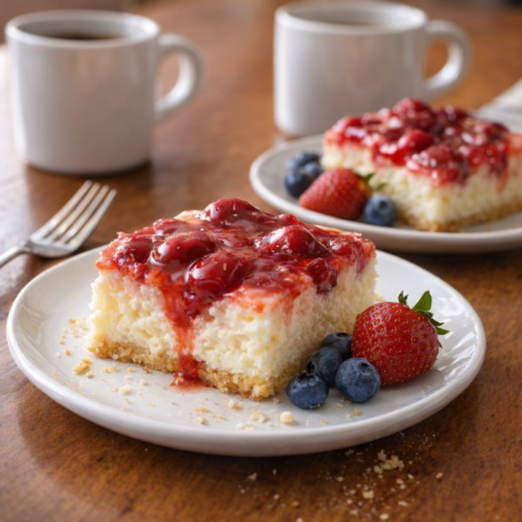 Cherry cheesecake bars served with berries and coffee