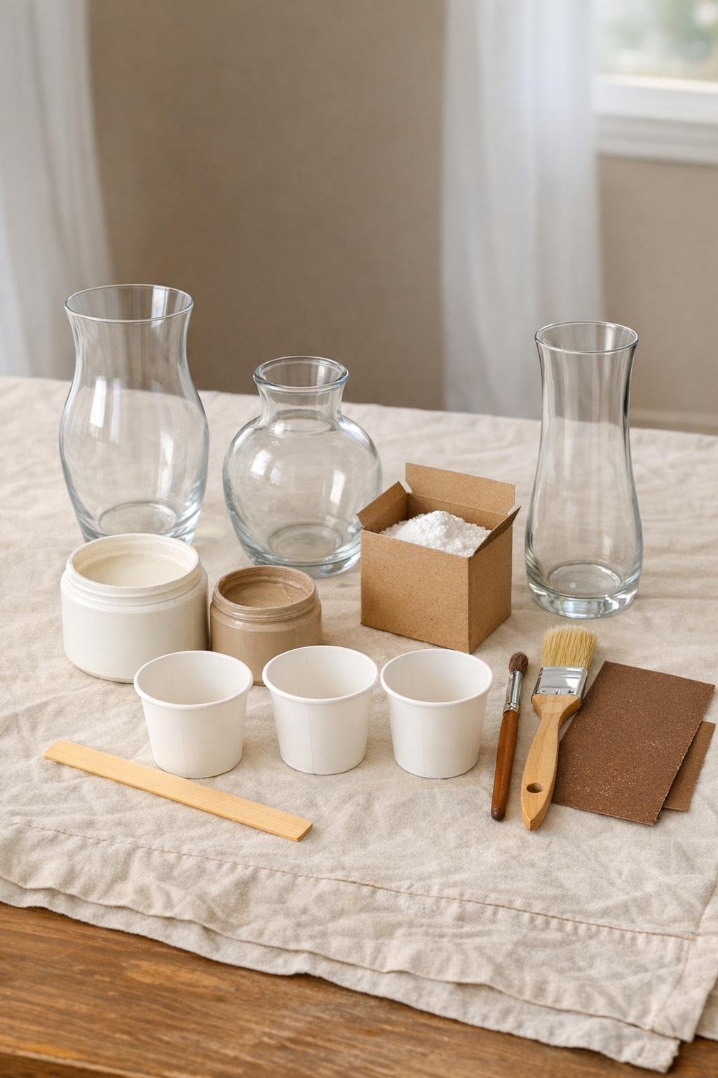 Materials for faux pottery vases laid out on a table
